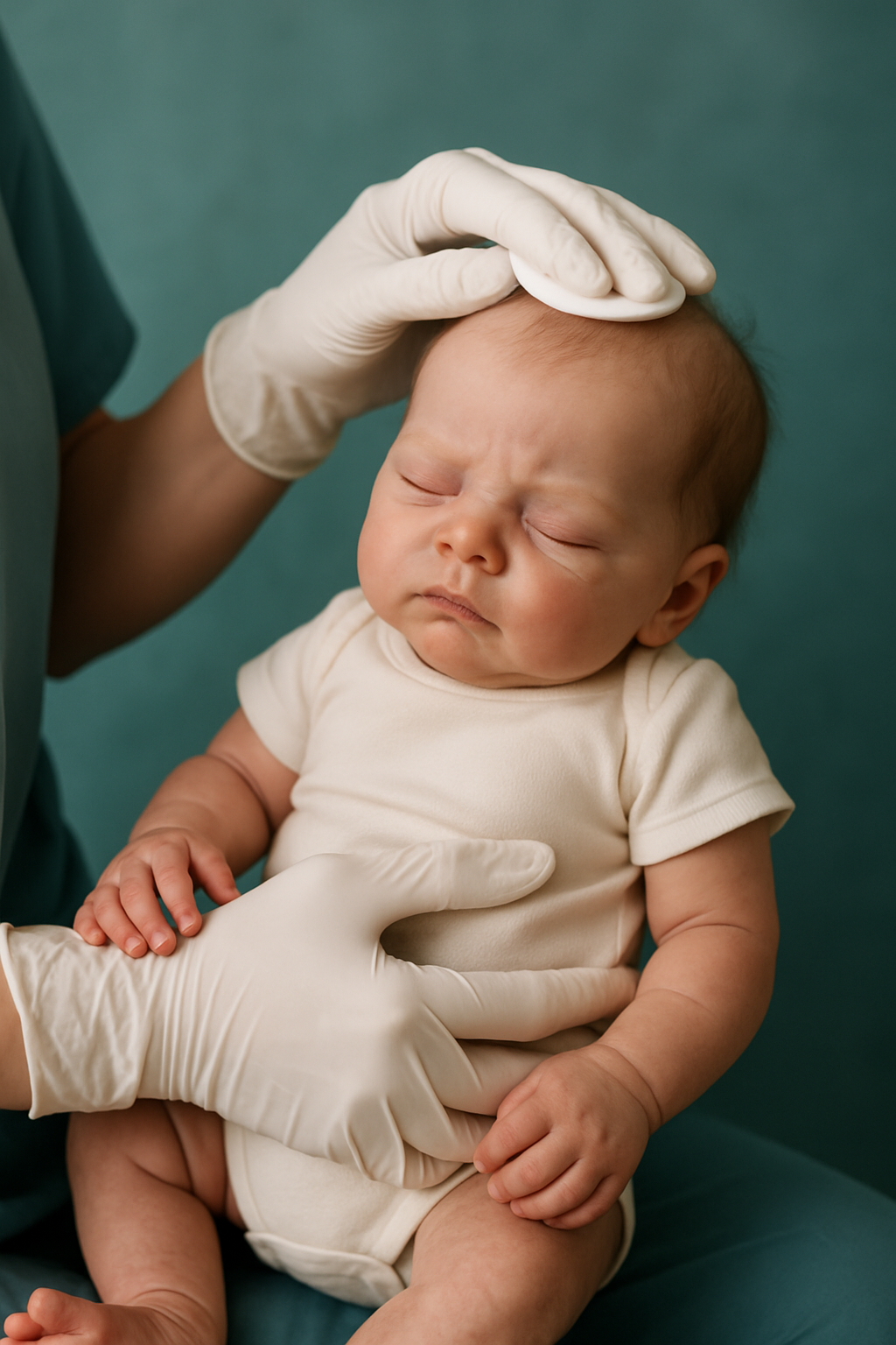 Mãos com luvas cuidando de um bebê reborn